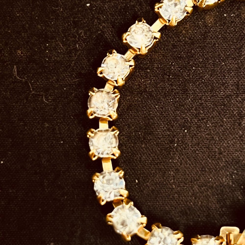 Vintage Gold Tone Blue And Clear Rhinestone Floral Tennis Bracelet (3800) - Picture 3 of 9